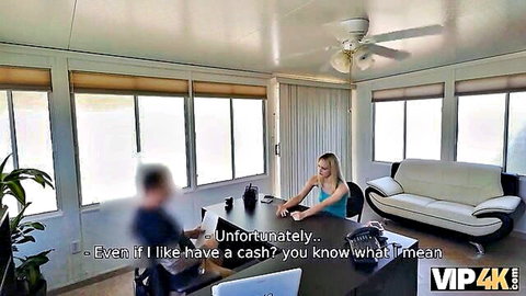 Blonde with glasses in tight top negotiates cash for fuck at sunny desk