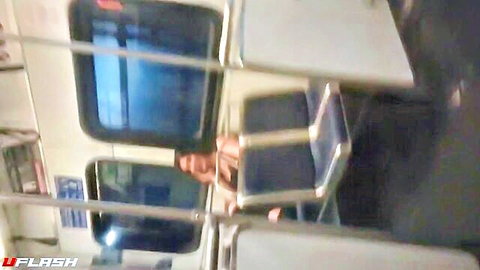 Voyeur shot of amateur woman exposing bare pussy on public train seat
