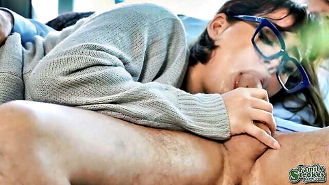 Lilith in glasses and sweater gives intense blowjob to Mike