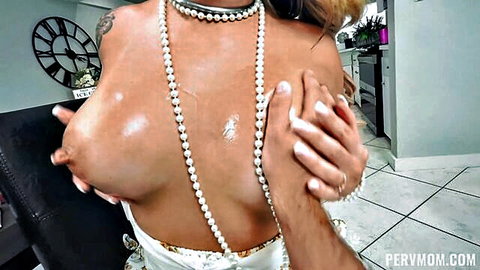 Misty Meaner topless with massive oiled tits groped by hands, pearl necklaces and white dress